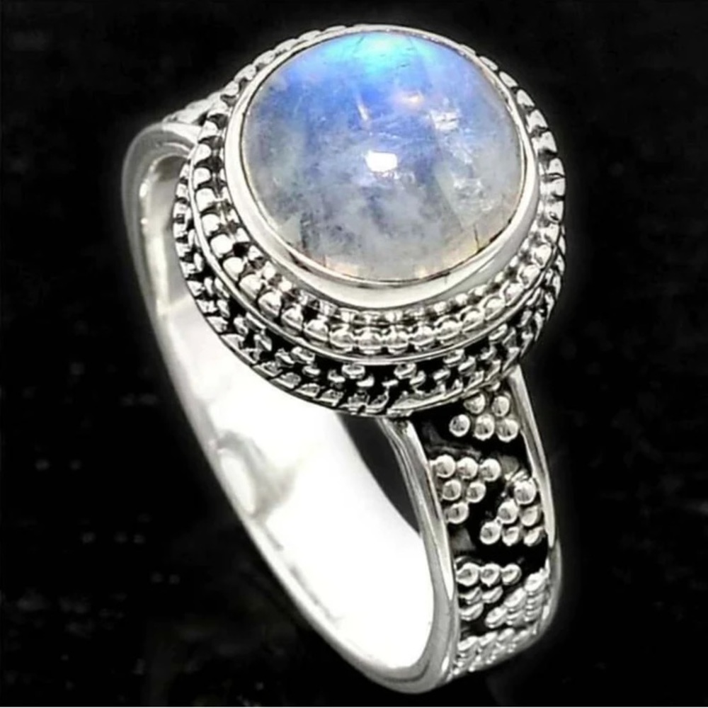 Bali Design Rainbow Moonstone - India 925 Sterling Silver Ring s.8